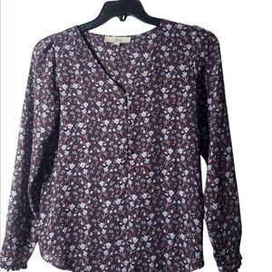 LOFT Floral V-Neck Blouse - Dark Purple and White